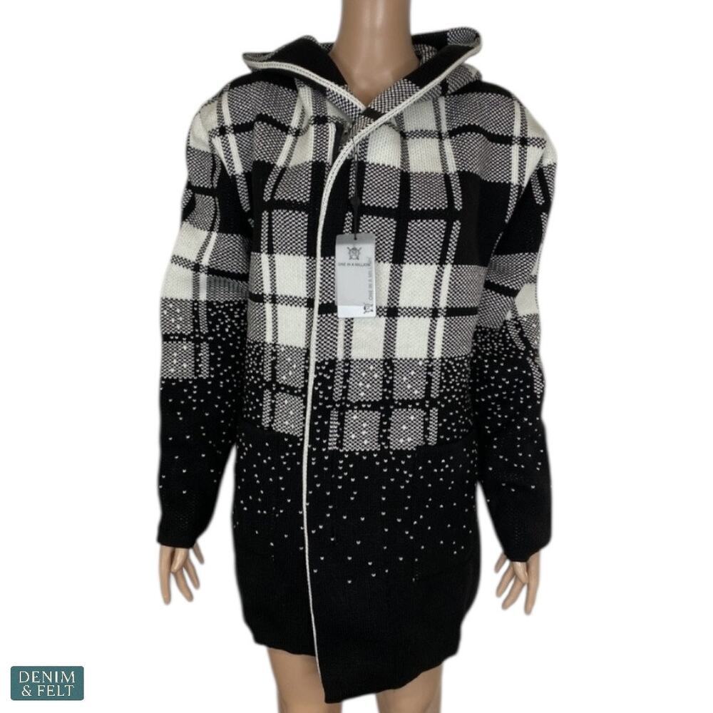 NEW One in a Million Window Pane Hooded Cardigan Black White Longline Large Cozy